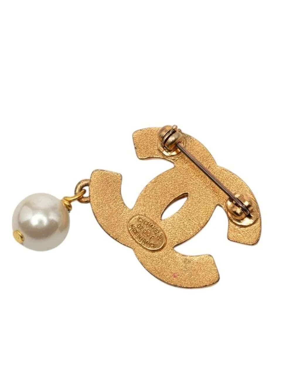Chanel CC Logo Brooch Gold Rhinestone Plated Faux Pearl